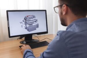 Engineer, Constructor, Designer in Glasses Working on a Personal Computer. He is Creating, Designing