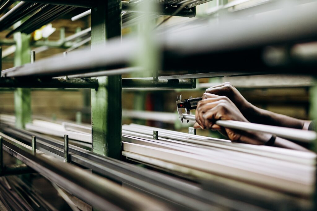 Iron and steel materials lying on shelves