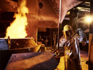 Worker holding metal rod in furnace at foundry